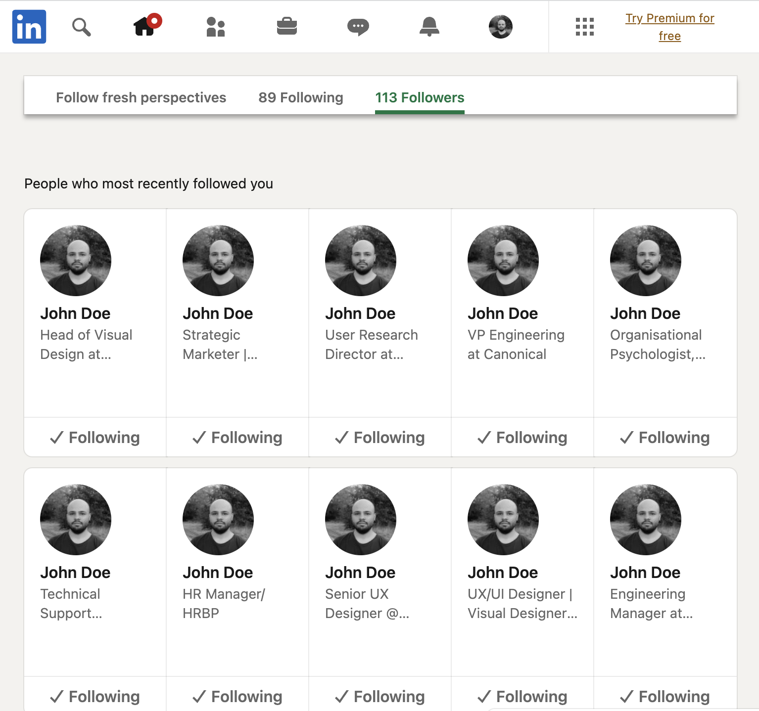 An example of followers page